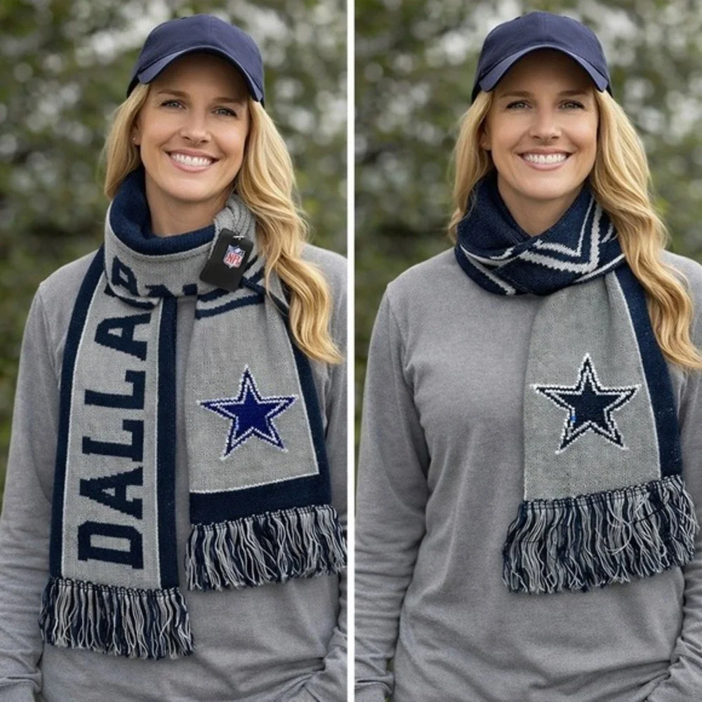 NFL‎ Dallas Cowboys Knit Scarf Navy Blue Grey Rhinestone Star Logo Fringe NEW